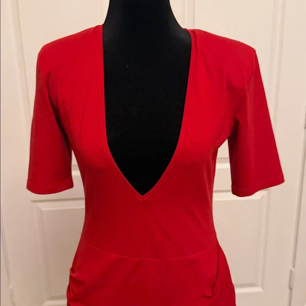 Fleur du Mal Red Deep Plunge Midi Dress with Side Ruching - Picture 3 of 13